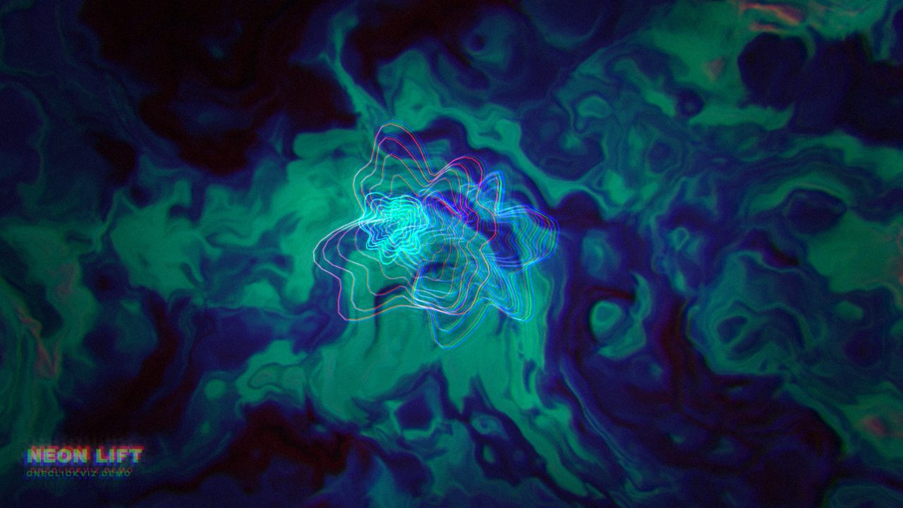 A liquid green and blue visualizer with a glowing waveform